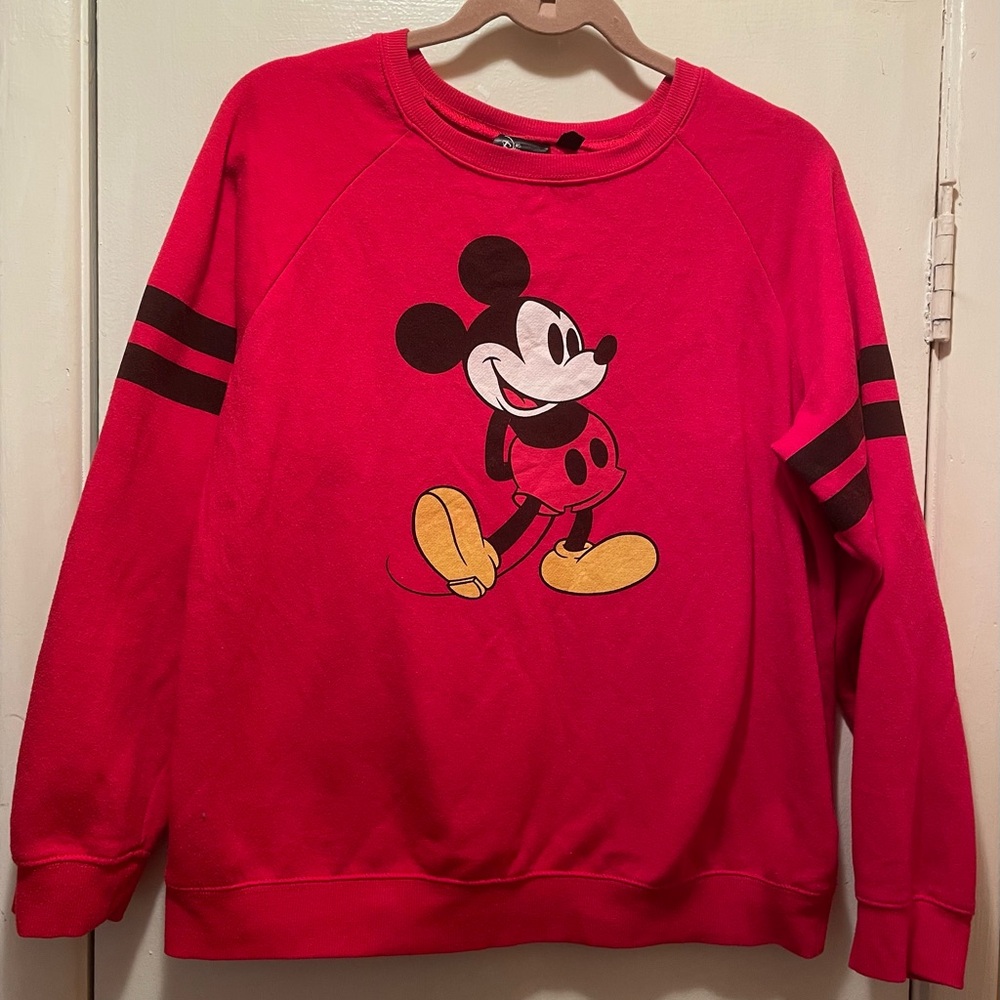 Disney Mickey Mouse Red Varsity Stripe Raglan Crewneck Sweatshirt Size L